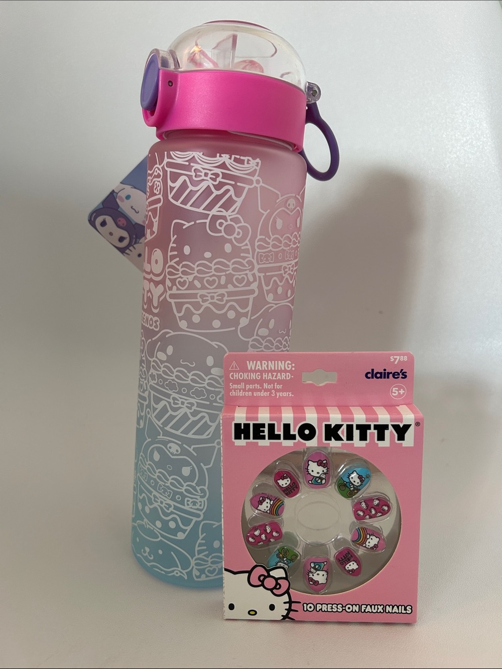 🎀 Hello Kitty Pink Ombre Water Bottle with Press-On Faux Nails 💅🏽